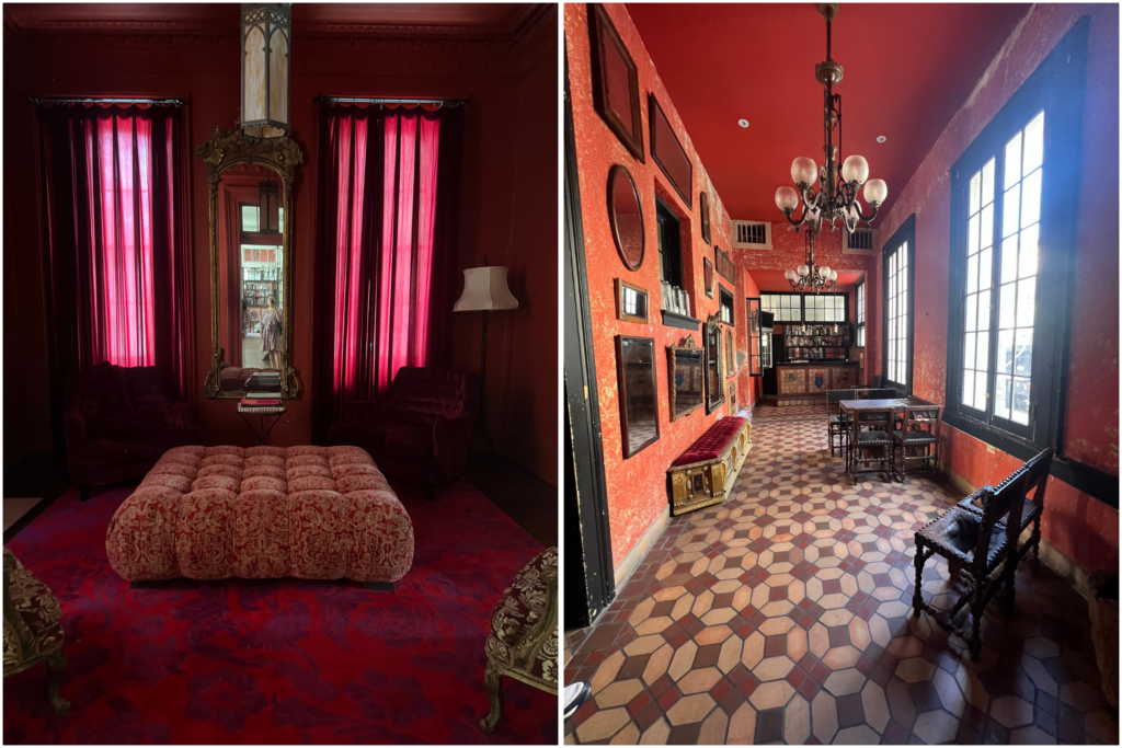 Side-by-side images of interior spaces at The Kingsway. Left: a red velvet lounge with dramatic drapes, an ornate gold mirror, and a tufted ottoman. Right: a corridor-turned-bar with red textured walls, vintage gallery wall, chandeliers, and geometric tile flooring.
