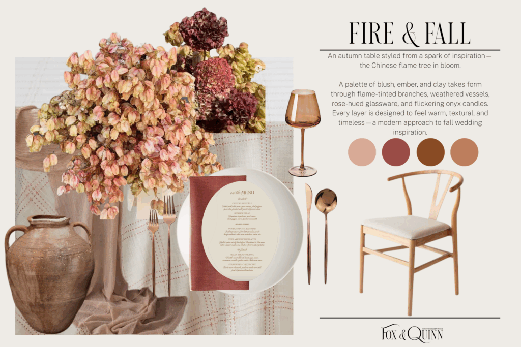 Fire & Fall moodboard for fall wedding inspiration featuring Chinese flame tree branches, terracotta vessels, blush and rust palette, rose glassware, modern wishbone chair, and editorial tablescape details.