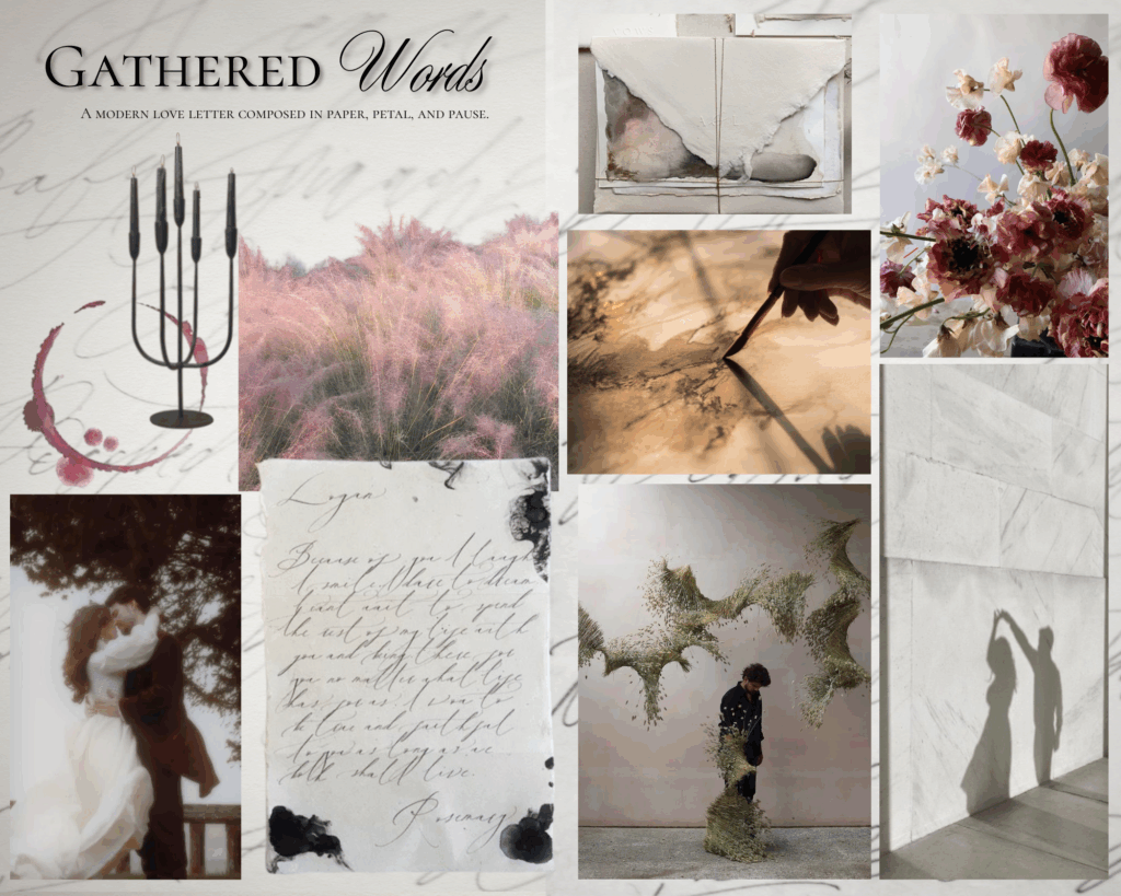 Fox & Quinn wedding planning process design brief — an editorial concept board featuring handwritten letters, sculptural florals, and a romantic blush and parchment palette that translates emotion into cohesive wedding design direction.
