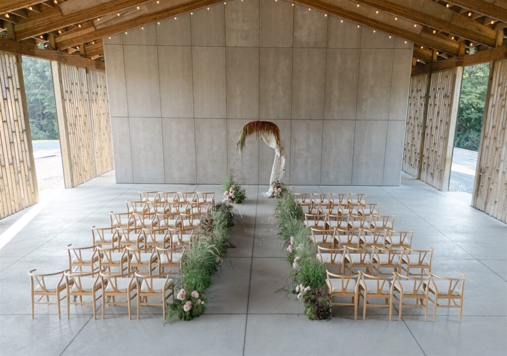 Gather Greene pavilion ceremony setup by Fox & Quinn, showcasing modern minimalist wedding design and thoughtful space planning in Upstate New York.