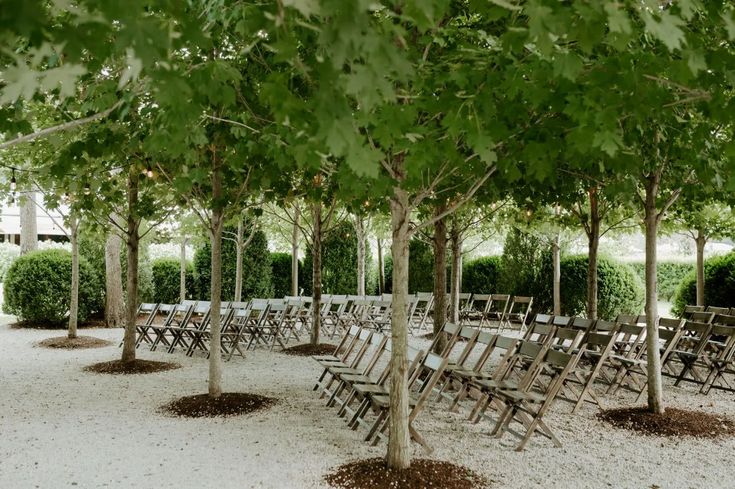 Ceremony grove at Valley Rock Inn & Mountain Club, featuring rows of wooden chairs beneath a canopy of trees in Upstate New York.