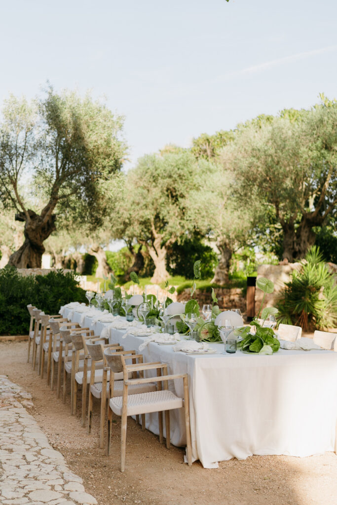 Long white welcome dinner table set among the olive trees at Vestige Son Vell, Menorca
