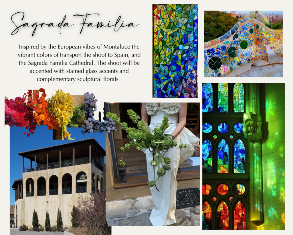 Moodboard for a styled shoot inspired by the Sagrada Familia and Spanish architecture. Includes colorful stained glass, Gaudí-style mosaic tiles, a sculptural green bridal bouquet, vibrant red-yellow-blue floral palettes, the Tuscan-style architecture of Montaluce Winery, and rainbow light spilling through cathedral windows.