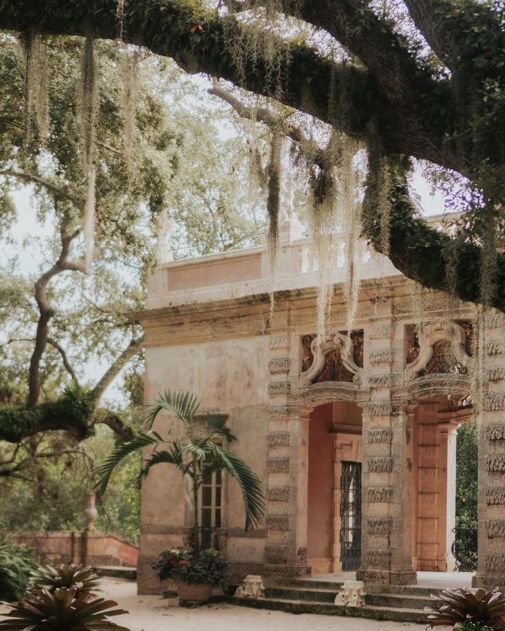 An aged stone archway at Vizcaya Museum, framed by lush greenery and hanging Spanish moss, evoking an old-world, romantic atmosphere.