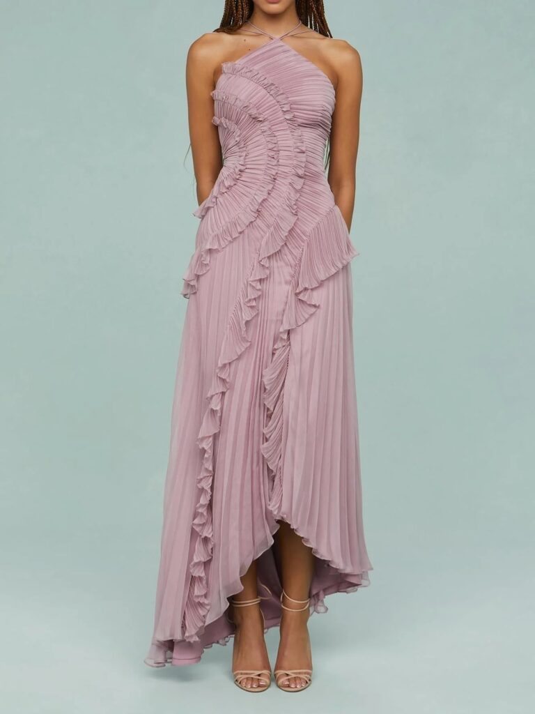 This is a perfect Wild Romance moment—sculptural pleats with soft ruffle movement, and a dusty mauve hue that feels vintage, tactile, and quietly seductive.